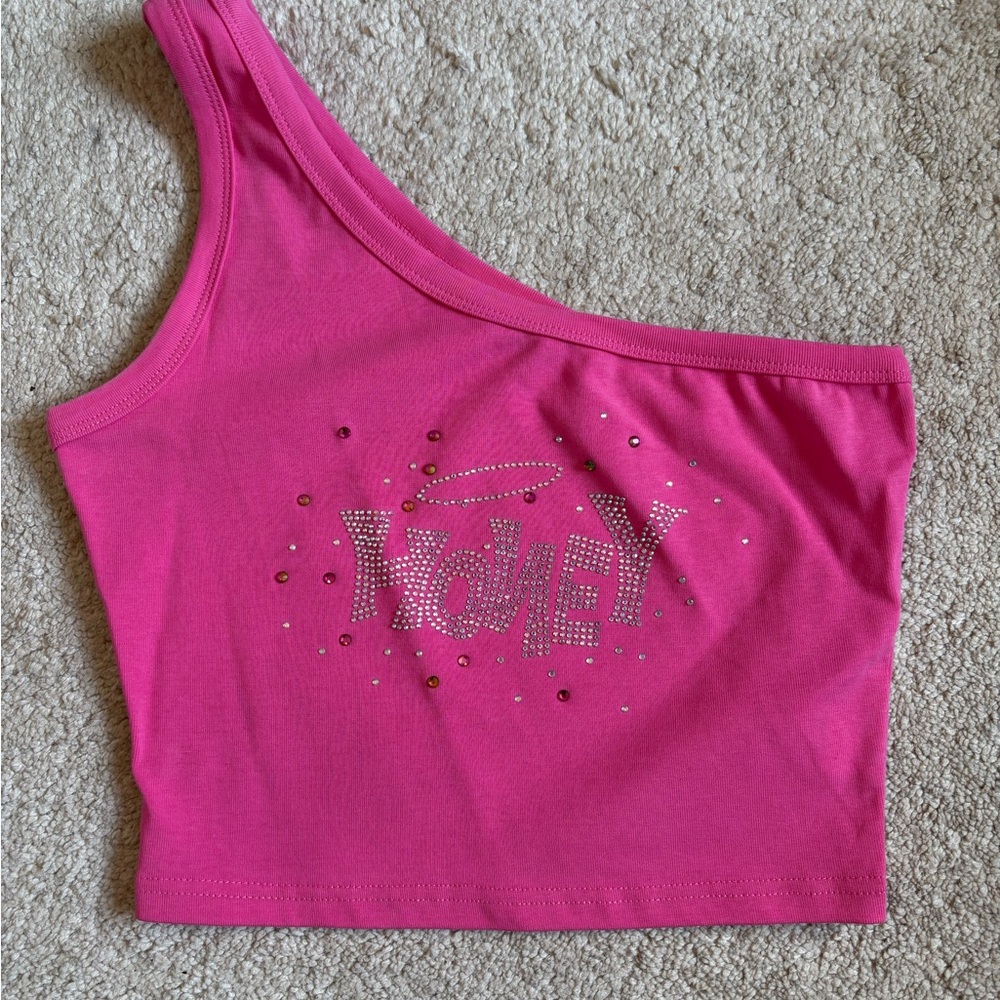 Pink One-Shoulder Crop Top with Rhinestone Design